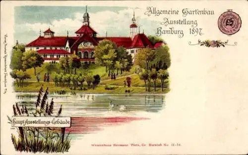 Litho Hamburg Mitte Altstadt, Allgemeine Gartenbau Ausstellung 1897, Hauptausstellungsgebäude