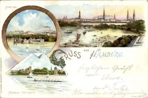 Litho Hamburg Mitte Altstadt, Alsterlust, Fährhaus Uhlenhorst, Alster, Panorama