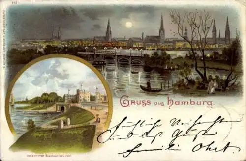 Mondschein Litho Hamburg, Panorama, Feenteichbrücke Uhlenhorst