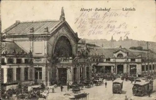 Ak Liège Lüttich Wallonien, Gare des Guillemins, Straßenbahnen