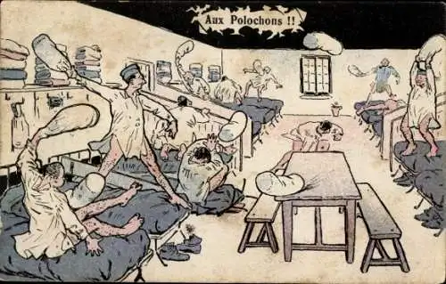 Künstler Ak Französische Soldaten bei einer Kissenschlacht