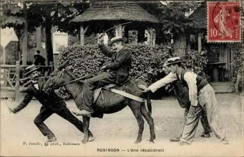 Ak Robinson, der widerspenstige Esel, Mann auf einem Esel