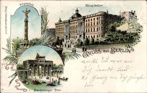 Litho Berlin, Königliches Schloss, Reiterdenkmal, Siegessäule, Brandenburger Tor