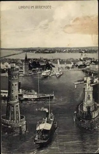 Ak Lindau am Bodensee Schwaben, Hafeneinfahrt, Leuchtturm, Dampfer, Löwenstatue, Alter Leuchtturm