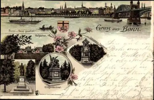 Litho Bonn, Stadt von Beuel gesehen, Hofgarten, Denkmal, Wappen