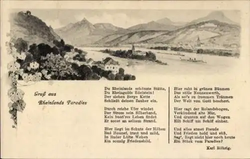 Ak Nonnenwerth Remagen am Rhein, Rolandsbogen, Bad Honnef, Gedicht Karl Röhrig