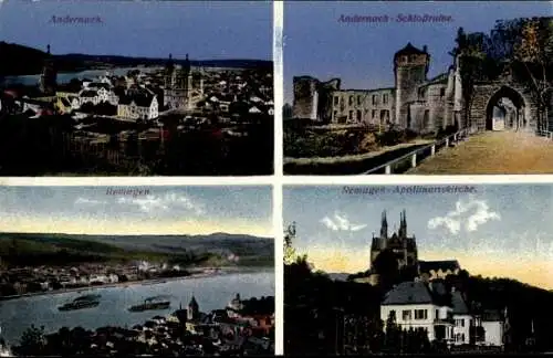 Ak Andernach am Rhein, Gesamtansicht, Schlossruine, Remagen Apollinariskirche