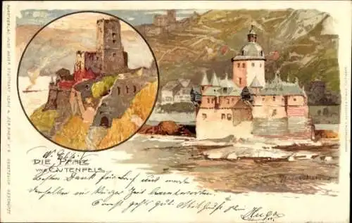 Künstler Litho Wielandt, Manuel, Kaub am Rhein, Pfalzgrafenstein, Burg Pfalz und Gutenfels