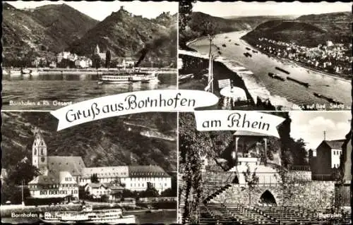 Ak Bornhofen am Rhein, Gesamtansicht,  Kirche, Pilgerplatz, Blick auf Bad Salzig