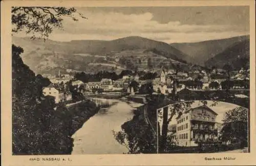 Ak Bad Nassau an der Lahn, Gasthaus Müller, Panorama der Stadt