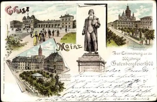 Litho Mainz, Zentralbahnhof, Stefansdom, Schillerplatz, Gutenbergplatz, Denkmal, Gutenbergfeier 1900