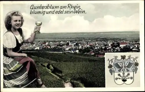 Wappen Ak Guntersblum am Rhein Panorama von Stadt und Umgebung, Frau mit Weinglas