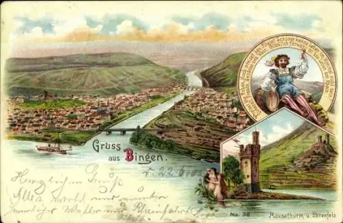 Litho Bingen am Rhein, Gesamtansicht, Mäuseturm und Ehrenfels