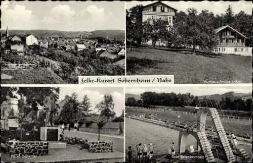 Ak Bad Sobernheim an der Nahe, Felke-Denkmal, Kurhaus Neues Leben, Sole-Schwimmbad