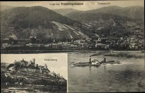 Ak Trechtingshausen am Rhein, Gesamtansicht, Falkenburg, Dampfschiff