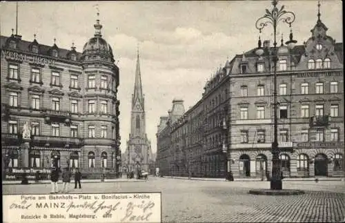 Ak Mainz am Rhein, Bahnhof-Platz, Bonifacius-Kirche, Central Hotel, Bahnhof-Hotel