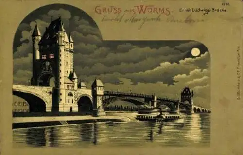 Mondschein Litho Worms am Rhein, Ernst-Ludwig-Brücke