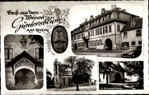 Ak Guntersblum am Rhein, Neues Schloss, Ev. Kirche, St. Julianenbrunnen, Gasthaus Zum Adler