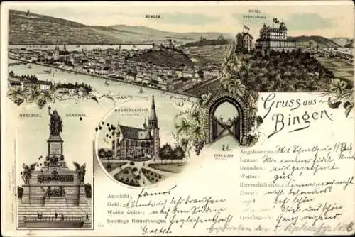 Litho Bingen am Rhein, Hotel Rochusberg, Niederwald Nationaldenkmal, Rochuskapelle, Panorama