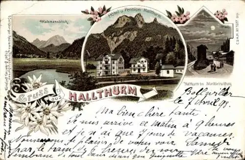 Litho Bischofswiesen in Oberbayern, Hotel und Pension Hallthurm, Watzmannblick