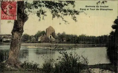 Ak Le Creusot Saône et Loire, Etang et Tour de Champiteau