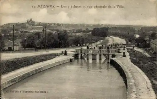 Ak Béziers Hérault, Les 9 ecluses et vue generale de la Ville