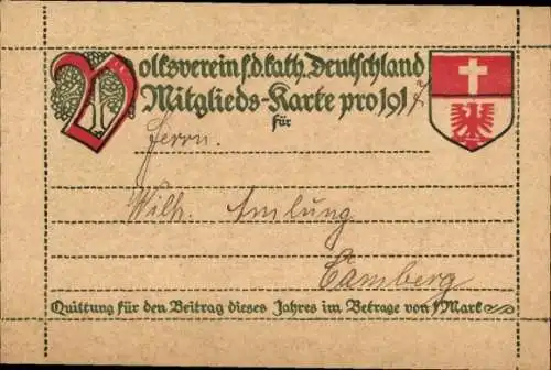 Ak Bad Camberg im Taunus, Volksverein f. d. kath. Deutschland, Mitgliedskarte, Wappen