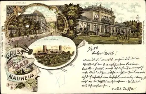 Litho Bad Nauheim in Hessen, Kurhaus, Münzenberg, Parkstraße