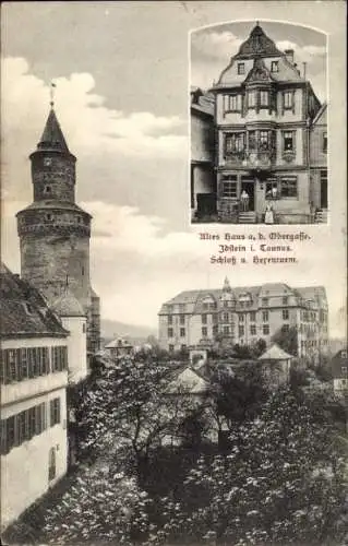 Ak Idstein im Taunus Hessen, altes Haus an der Obergasse, Schloss und Hexenturm