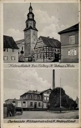 Ak Nieder Wöllstadt Kr. Friedberg, Rathaus und Kirche, Oberhess. Milchzentrale