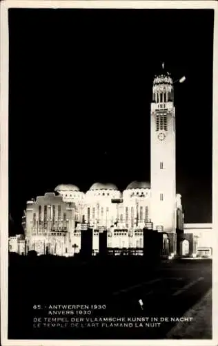 Ak Antwerpen Flandern, Weltausstellung 1930, Tempel der Flämischen Kunst, Nachtbeleuchtung