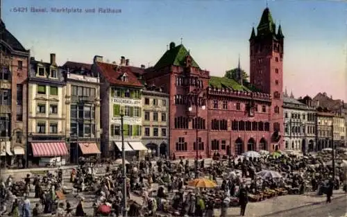 Ak Basel Bâle Stadt Schweiz, Marktplatz mit Rathaus