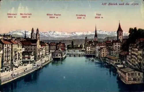 Ak Zürich Stadt Schweiz, Stadtbild mit Alpenpanorama