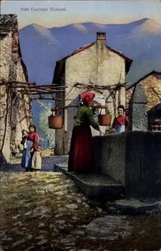 Ak Locarno Kanton Tessin Schweiz, Wasserträgerin am Brunnen