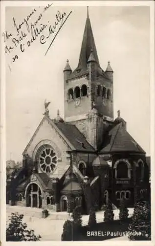 Ak Basel, Blick auf die Pauluskirche, Bäume, Platz