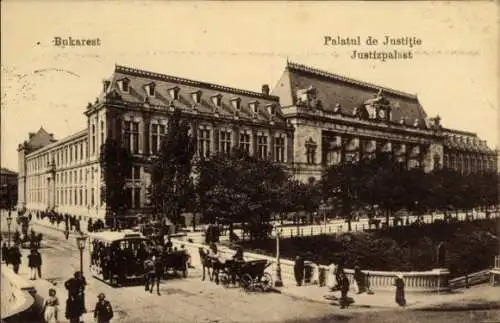 Ak București Bukarest Rumänien, Justizpalast, Pferdebahn