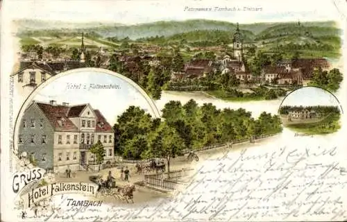 Litho Tambach Dietharz in Thüringen, Hotel zum Falkenstein, Nesselberg, Totalansicht