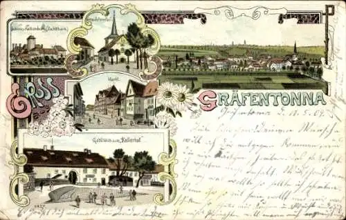 Litho Gräfentonna Tonna in Thüringen, Schloss Kettenburg, Kirche, Markt, Gasthaus zum Kellerhof