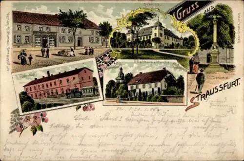 Litho Straußfurt in Thüringen, Schloss, Denkmal, Pfarrhaus, Kirche, Bahnhof