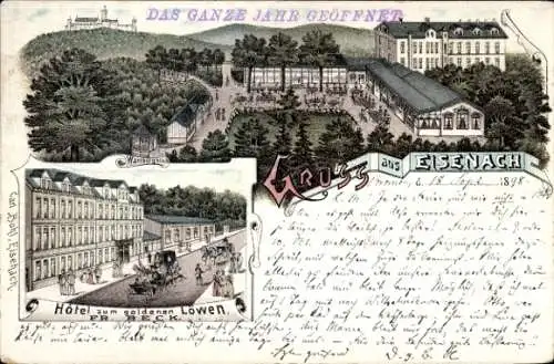 Litho Lutherstadt Eisenach in Thüringen, Hotel zum goldenen Löwen, Wartburg