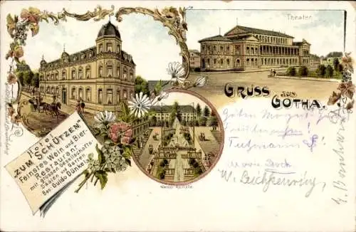 Litho Gotha, Theater, Wasserkünste, Hotel Zum Schützen