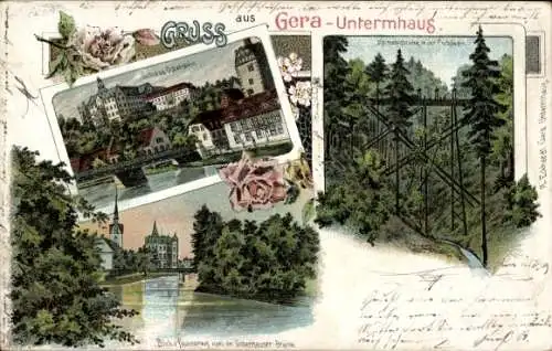 Litho Untermhaus Gera in Thüringen, Schloss Osterstein, Kirche, Elster, Brücke