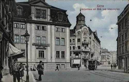 Ak Gera in Thüringen, Waisenhaus, Städtisches Museum, Blick zum Johannisplatz, Straßenbahn