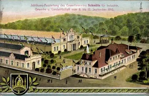 Ak Schmölln in Thüringen, Jubiläumsausstellung des Gewerbevereins für Industrie 1910, Halle, Wappen