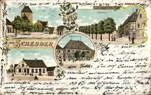 Litho Scheuder in Anhalt, Kirche, Schule, Domaine, Herrschaftshaus, Gasthof zur Erholung