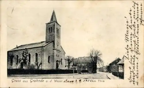 Ak Grohnde Emmerthal an der Weser, Am Thie, Kirche