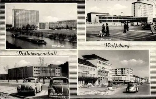 Ak Wolfsburg in Niedersachsen, VW Werk, Rathaus, Stadthalle, Porschestraße
