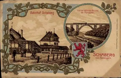 Wappen Ak Schaberg Solingen im Bergischen Land, Bahnhof, Kaiser Wilhelm Brücke bei Müngsten