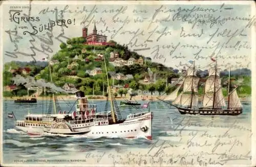 Litho Hamburg Altona Blankenese, Blick auf den Süllberg, Segelschiff, Salondampfer