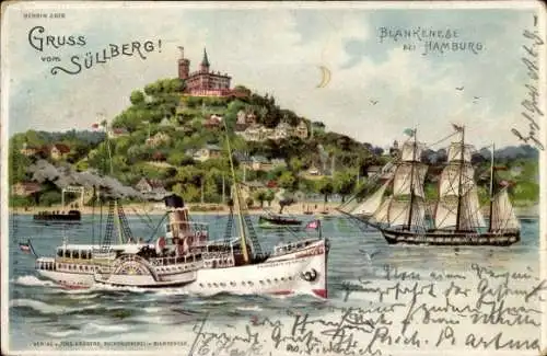 Litho Hamburg Altona Blankenese, Blick auf den Süllberg, Segelschiff, Salondampfer